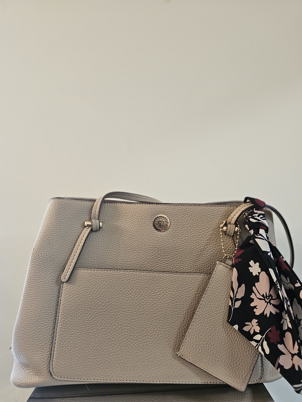 Anne Klein Beige Pebbled Tote with Floral Scarf Accent